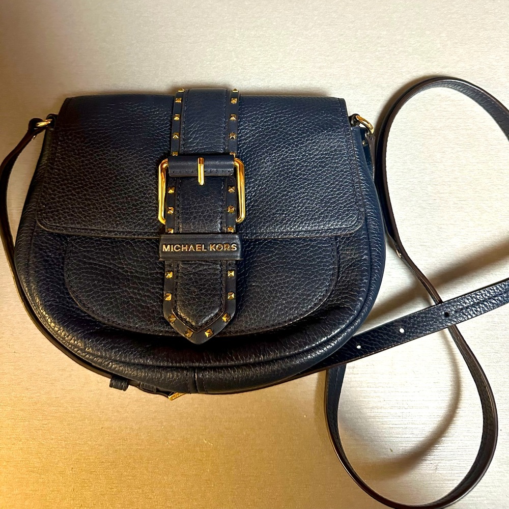 Michael Kors Navy Blue and Gold Crossbody Leather Buckle Bag